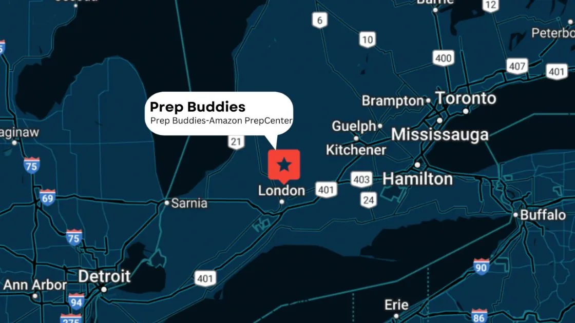 Map of southwestern Ontario with the Prep Buddies pin on London, between the Sarnia and Detroit–Windsor border crossings on the Highway 401/402 route to Toronto